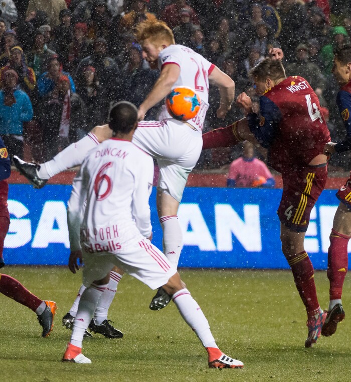 (Rick Egan  |  The Salt Lake Tribune)      Real Salt Lake defender David Horst (4) collides with New York Red Bulls defender Tommy Redding (21), in MLS action between Real Salt Lake and New York Red Bulls at Rio Tinto Stadium, Saturday, March 17, 2018.


