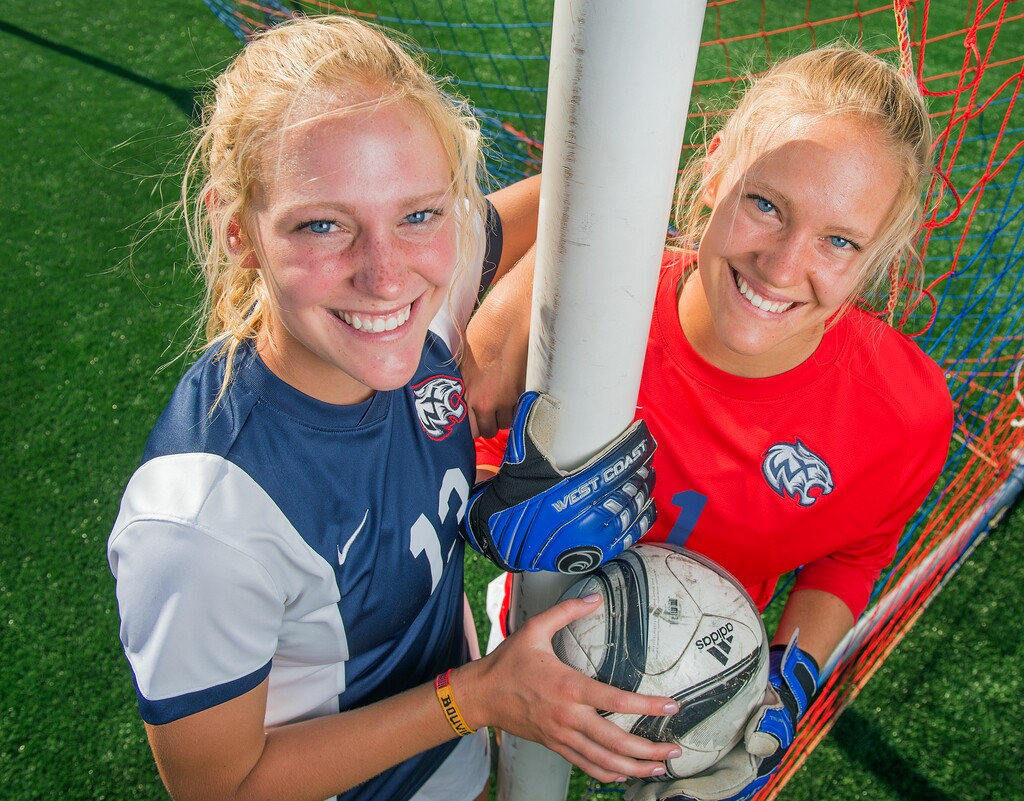 (Leah Hogsten | The Salt Lake Tribune)
Twin sisters Sara, left, and Rachel Noel admit that sometimes they get a little snippy with each other on the field, but it only makes them better. Forward Sara and goalkeeper Rachel will be a huge part of Woods Cross' success this season.