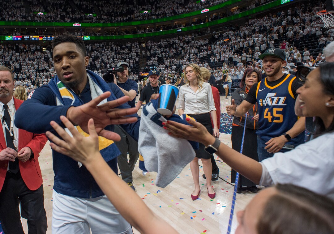 (Rick Egan  |  The Salt Lake Tribune)    The crowd goes wild as Utah Jazz guard Donovan Mitchell (45) leaves the floor as the Jazz take a 3-1 lead in the series,  after winning game 4, NBA playoff action between Utah Jazz and Oklahoma City Thunder, in Salt Lake City, Monday April 23, 2018.