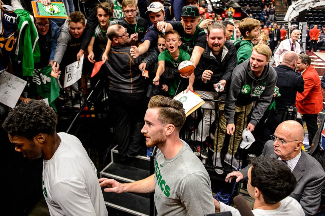 (Trent Nelson | The Salt Lake Tribune)  Boston Celtics forward Gordon Hayward (20) walks past fans after a pre-game warmup. Utah Jazz vs. Boston Celtics, NBA basketball in Salt Lake City on Friday Nov. 9, 2018.