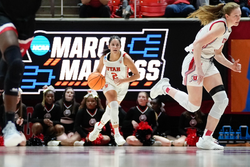 (Francisco Kjolseth | The Salt Lake Tribune) Utah Utes guard Ines Vieira (2) drives the ball down the court against Gardner-Webb of a first-round college basketball game in the NCAA Tournament, Friday, March 17, 2023, in Salt Lake City, Utah.