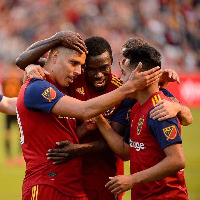 (Trent Nelson | The Salt Lake Tribune)  
Real Salt Lake players celebrate a goal by midfielder Luis Silva (20, left) in a match vs. Houston Dynamo, MLS Soccer at Rio Tinto Stadium in Sandy, Utah, Wednesday May 30, 2018.