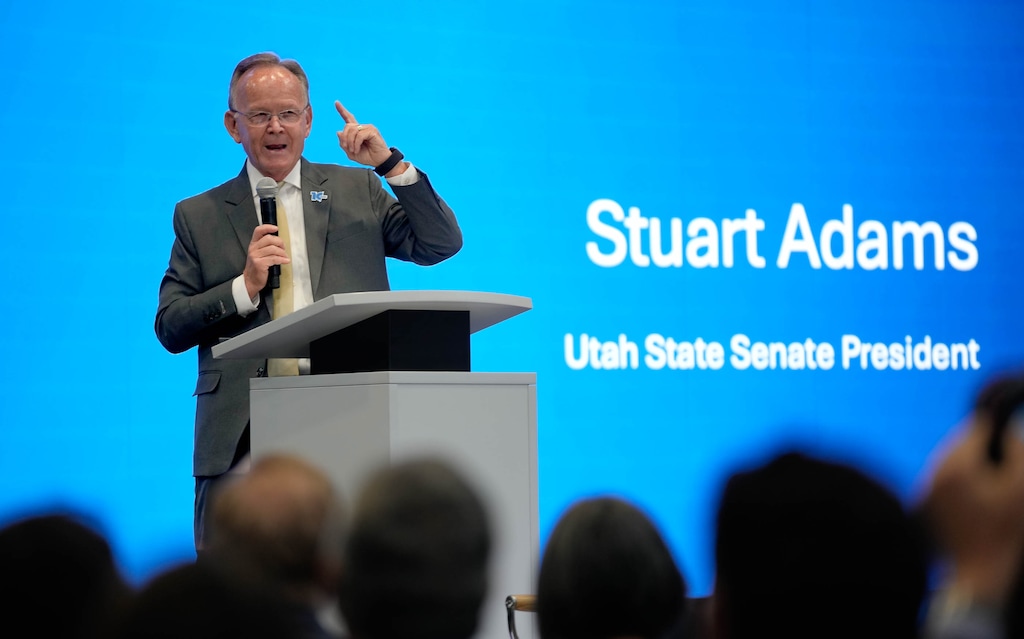 (Francisco Kjolseth | The Salt Lake Tribune) Senate President Stuart Adams, R-Layton, makes a few remarks during a celebration of Stadler completing an expansion of its west-side manufacturing plant in Salt Lake City on Wednesday, July 1, 2026.