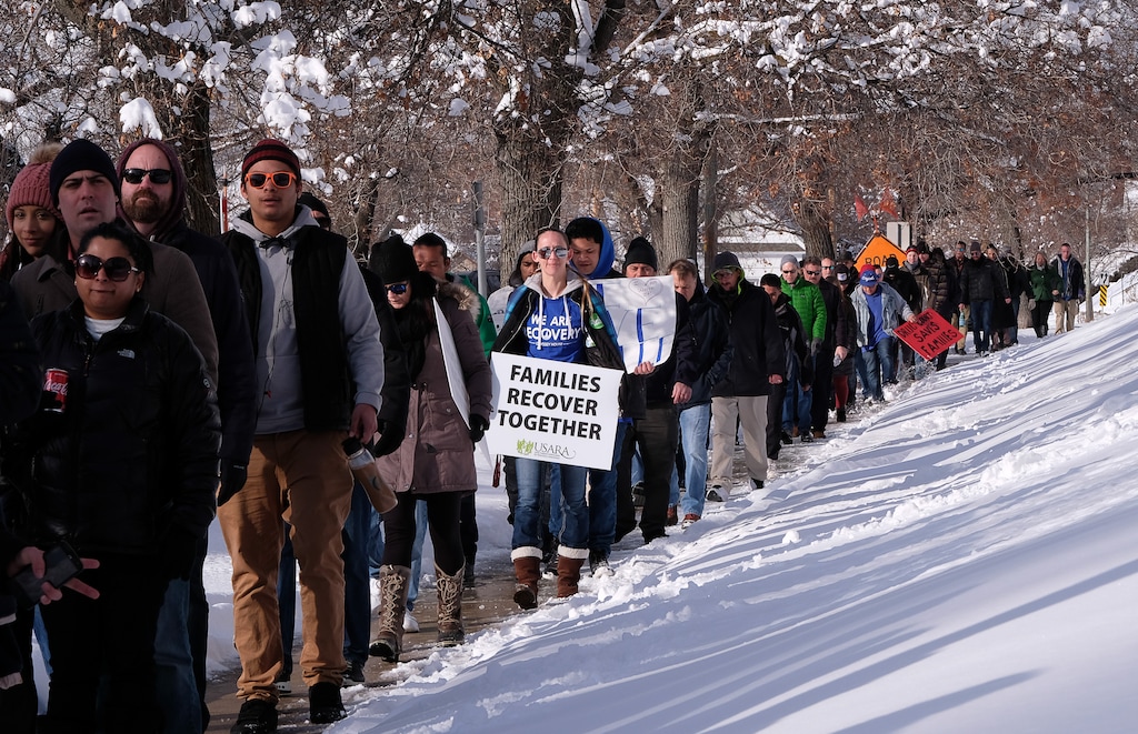 (Francisco Kjolseth  |  The Salt Lake Tribune)  Hundreds gather at the Utah Capitol to rally for mental illness and addiction recovery while working to increase access to healthcare, mental health, affordable housing and treatment and recovery support on Tuesday, Feb. 20, 2018.