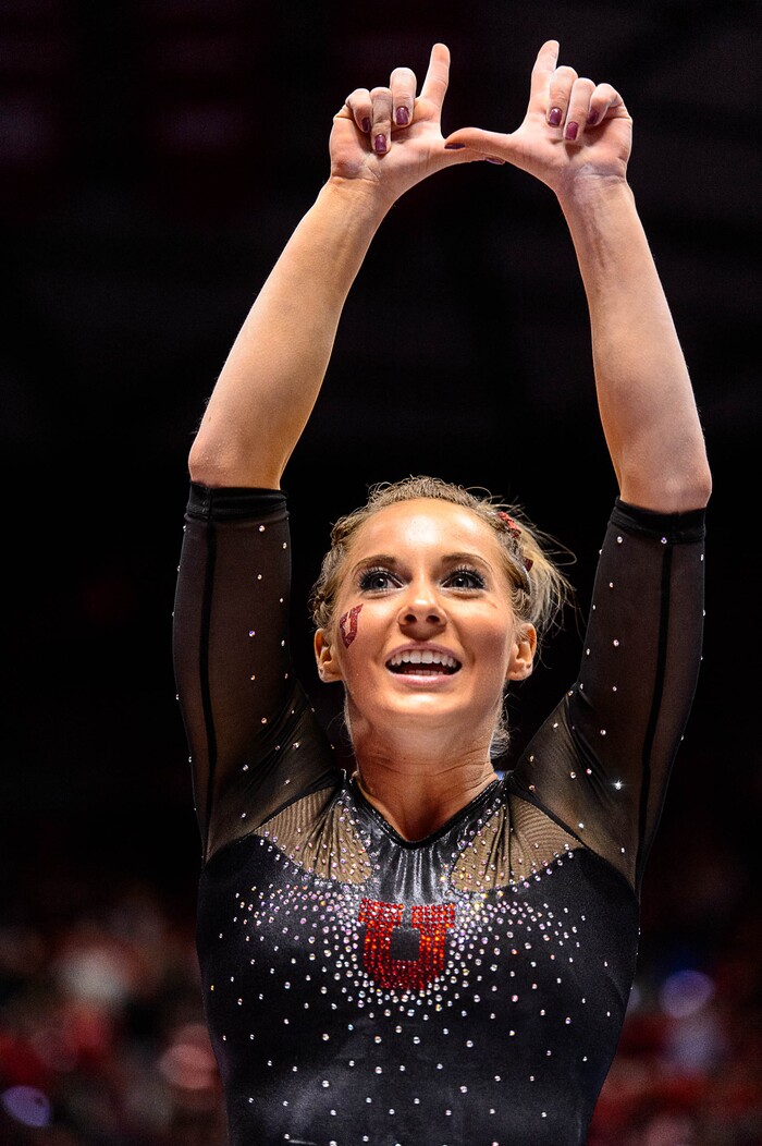 Trent Nelson  |  The Salt Lake Tribune
Utah's MyKayla Skinner on the floor as the University of Utah hosts Cal, NCAA Gymnastics at the Huntsman Center, Saturday February 4, 2017.