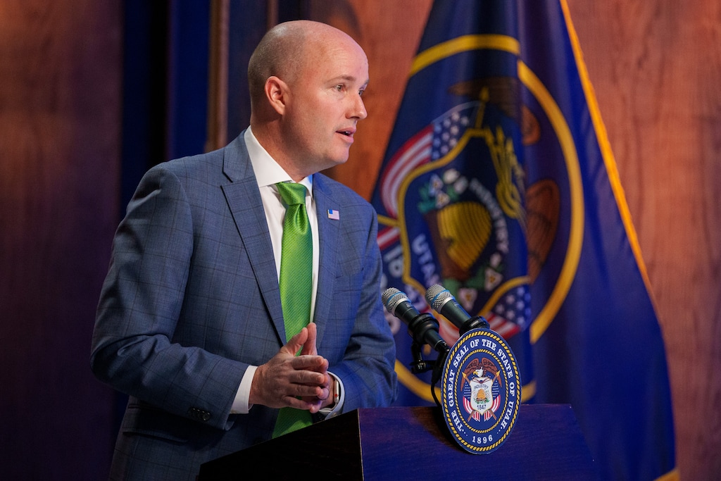 (Trent Nelson  |  The Salt Lake Tribune) Gov. Spencer Cox speaks at his monthly news conference in Salt Lake City on Thursday, March 17, 2022.