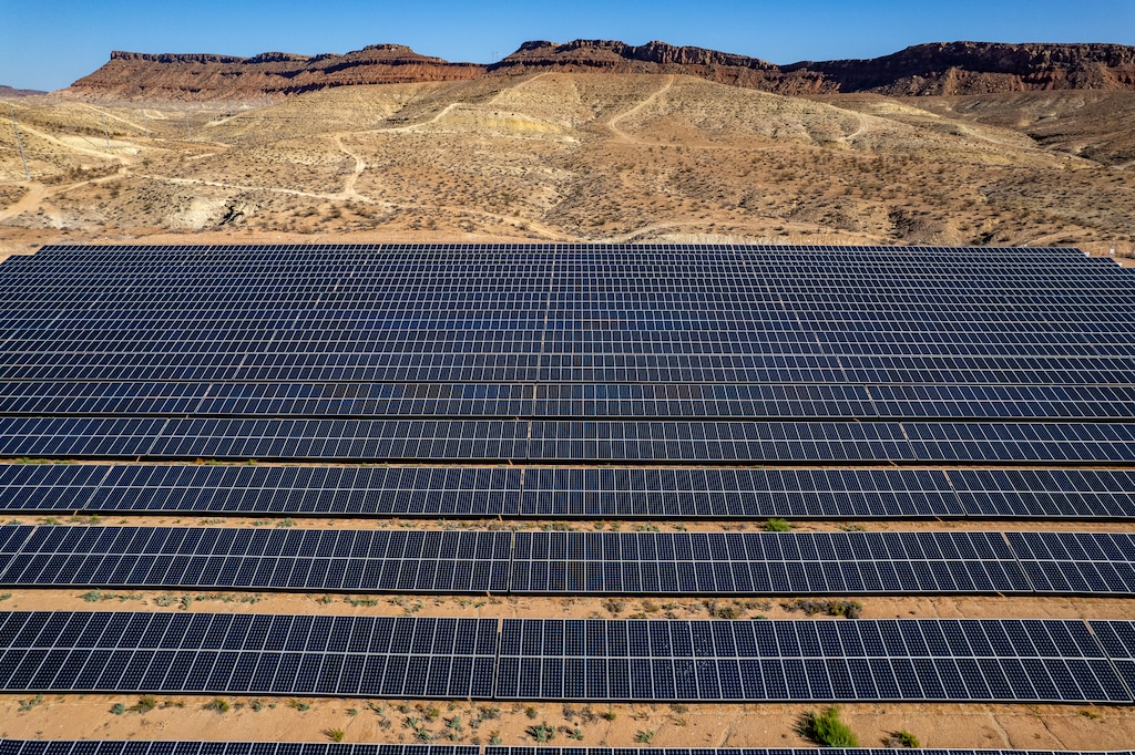 (Trent Nelson  |  The Salt Lake Tribune) A solar farm next to the St. George Regional Water Reclamation Facility on Wednesday, Sept. 17, 2025.