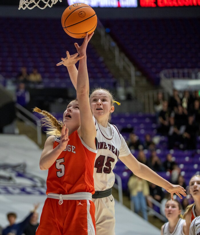 (Rick Egan | The Salt Lake Tribune) Cambree Blackham (5) shoots as Sarah Bartholomew (45) defends in the 6A girls Championship Game between Skyridge and Lone Peak, at Weber State, on Saturday, March 4, 2023.
