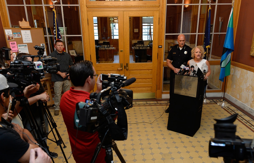 (Francisco Kjolseth  |  The Salt Lake Tribune)  Salt Lake City's Police Chief Mike Brown and Mayor Jackie Biskupski hold a press conference at the City and County building on Friday, Sept. 1, 2017, to apologize for an officer handcuffing a hospital nurse for refusing a blood draw from an unconscious patient.