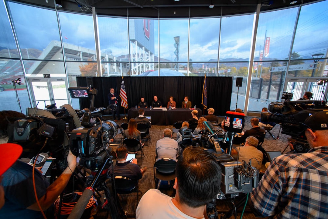(Trent Nelson | The Salt Lake Tribune)  University of Utah officials at a press conference regarding the killing of University of Utah student athlete Lauren McCluskey, in Salt Lake City, Thursday Oct. 25, 2018.