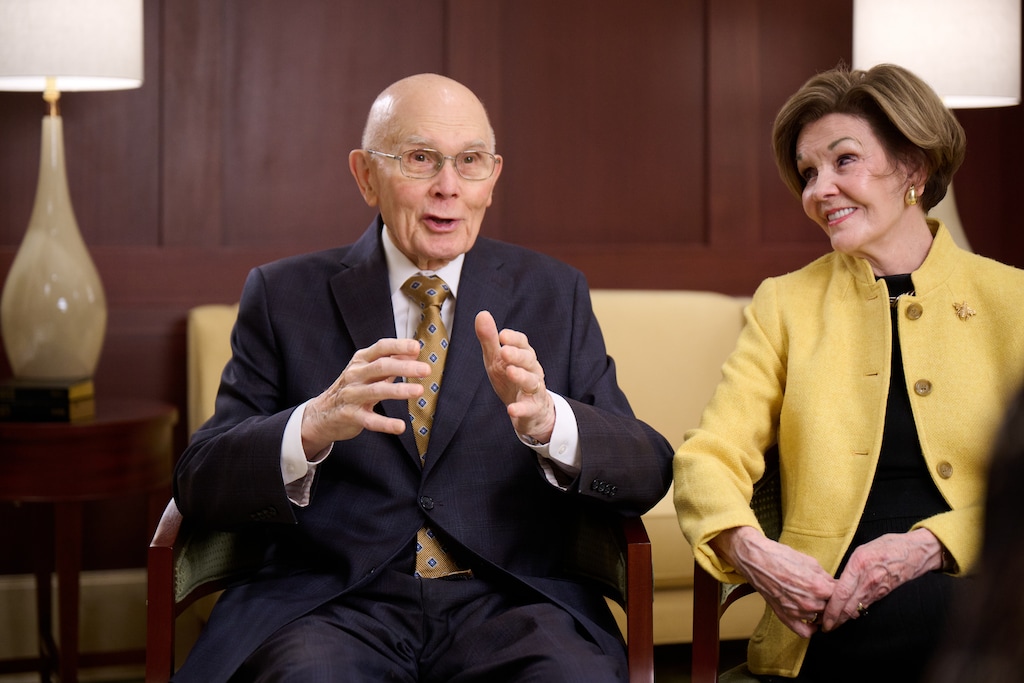 (The Church of Jesus Christ of Latter-day Saints) President Dallin H. Oaks and his wife, Kristen, meet with the media at the Burley Idaho Temple on Saturday, Jan. 10, 2026.