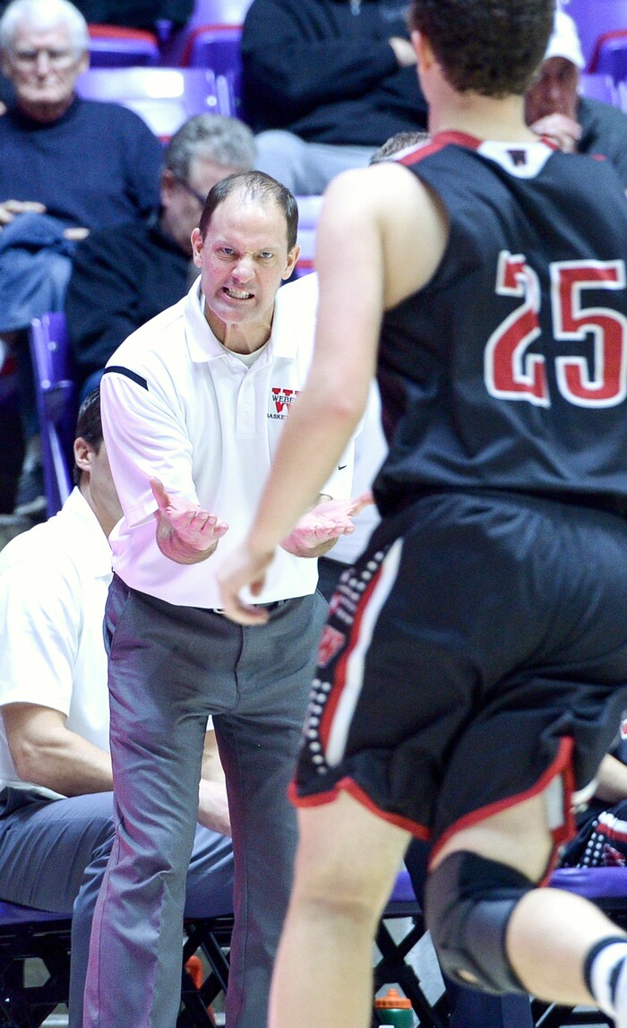 (Leah Hogsten  |  The Salt Lake Tribune) Weber's head coach Ryan Jones likes the play of Weber's Kobe Furqueron (25). Weber defeated Kearns 60-52 in the 6A High School Boys' Basketball Tournament opening game at Weber State University’s Dee Events Center in Ogden, Tuesday, Feb. 27, 2018. 