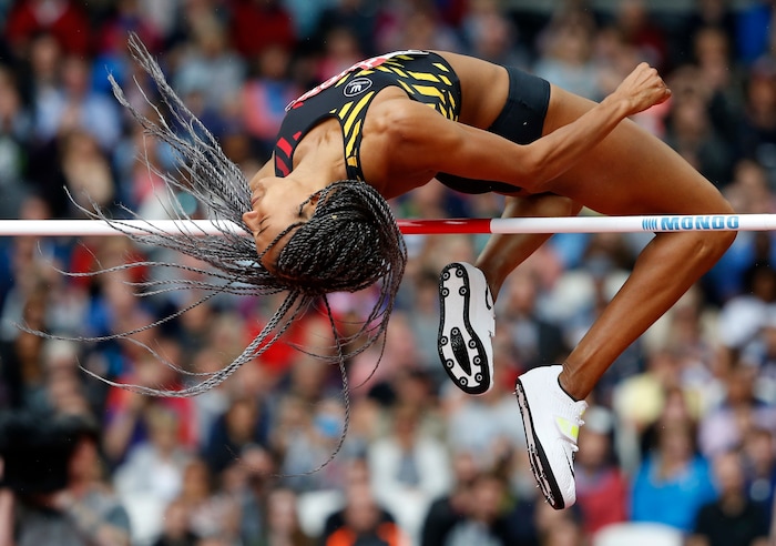 Belgium's Nafissatou Thiam makes an attempt in the high jump of the heptathlon during the World Athletics Championships in London Saturday, Aug. 5, 2017. (AP Photo/Matthias Schrader)