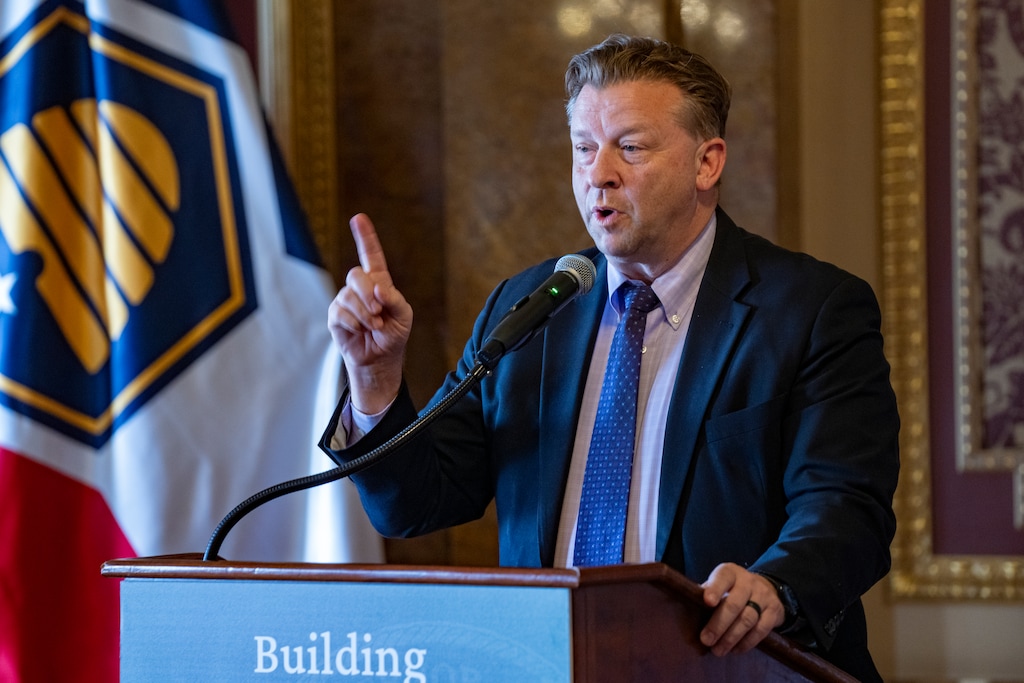 (Rick Egan | The Salt Lake Tribune) Sen. Todd Weiler, R-Woods Cross, says a few words  during a ceremonial bill signing to highlight landmark legislation that establishes Utah as a national leader in protecting kids online, in the Gold Room at the Capitol, on Friday, April 4, 2025.
