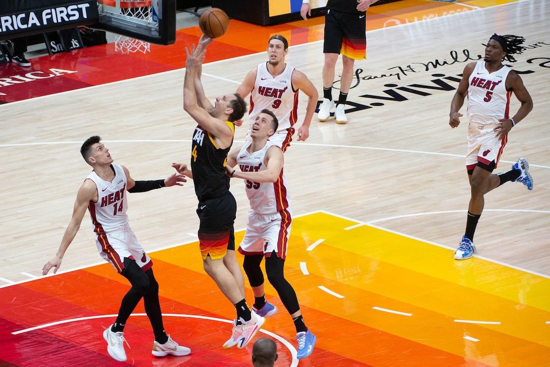 (Francisco Kjolseth  | The Salt Lake Tribune) Utah Jazz forward Bojan Bogdanovic (44) sets one in as the Utah Jazz take on the Miami Heat at Vivint Smart Home Arena in Salt Lake City, on Saturday, Feb. 13, 2021.
