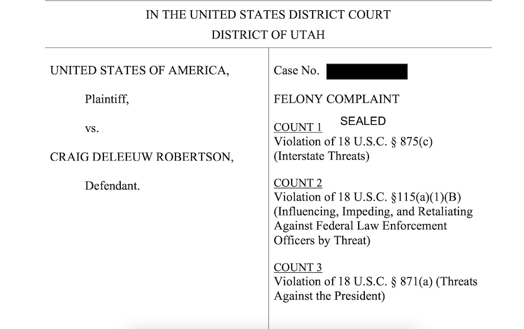 (Screenshot) A screenshot of the first page of the federal felony filing against Craig Robertson.