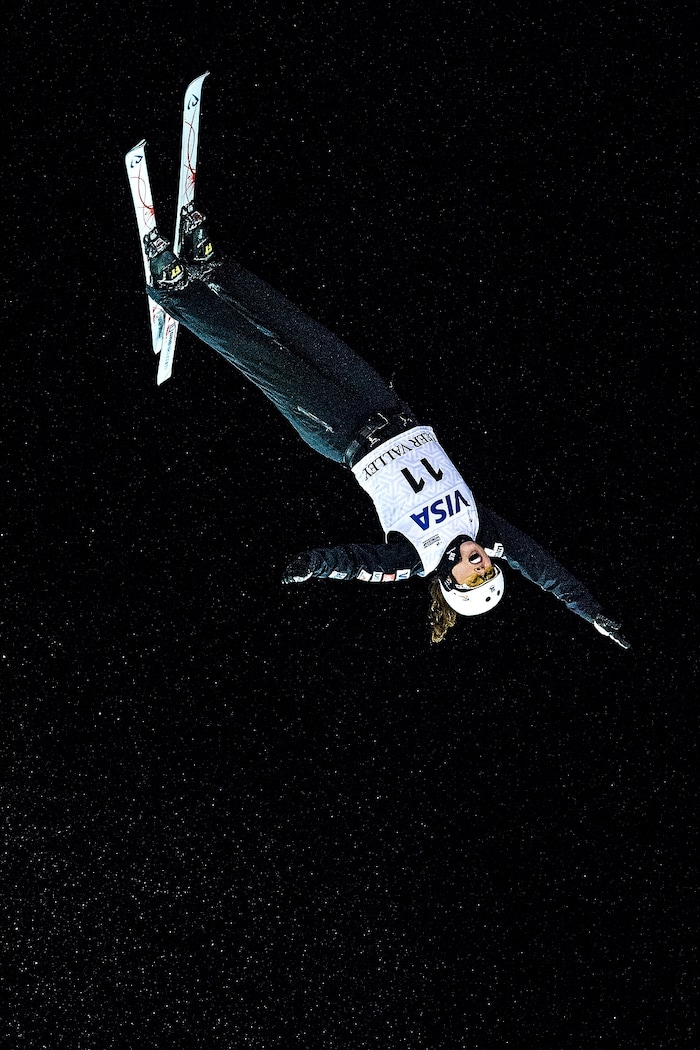 (Chris Detrick  |  The Salt Lake Tribune)  USA's Ashley Caldwell (11) competes in the Ladies' Aerial Finals during the FIS Visa Freestyle International Ski World Cup at Deer Valley Resort Friday, January 12, 2018.  Caldwell finished in seventh place. 