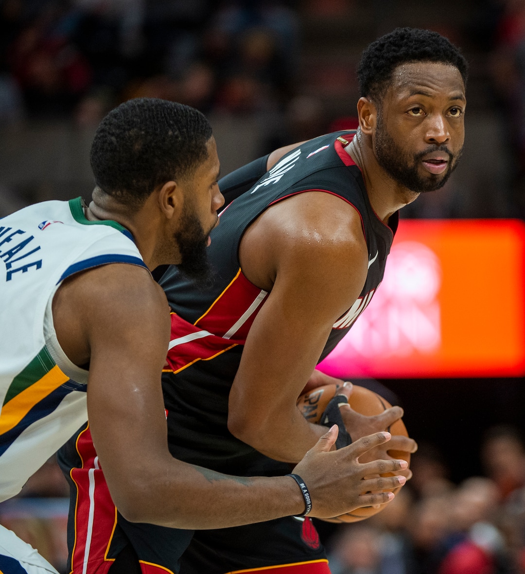 (Rick Egan  |  The Salt Lake Tribune)     Utah Jazz forward Royce O'Neale (23) guards Miami Heat guard Dwyane Wade (3), in NBA action between Utah Jazz and Miami Heat, at Viint Smart Home Arena Wednesday, Dec. 12, 2018.