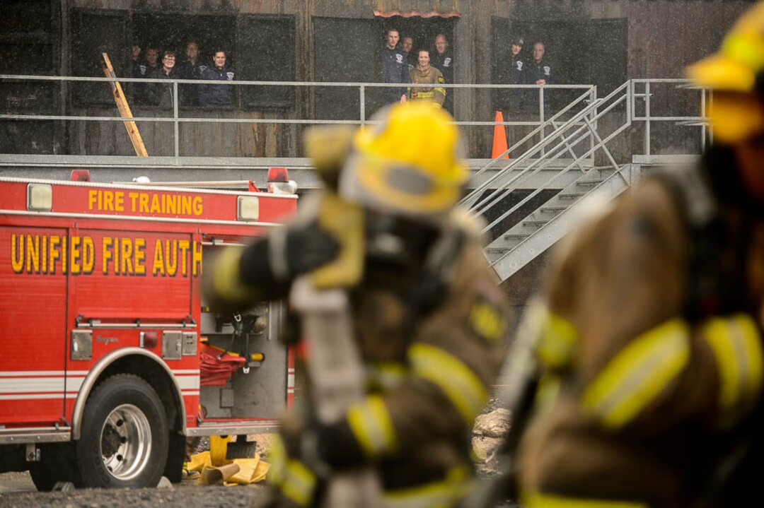 (Trent Nelson  |  The Salt Lake Tribune)  Unified Fire recruits in a live response to a vehicle and structure fire at the Unified Fire Authority Training Center in Magna on Tuesday April 16, 2019.