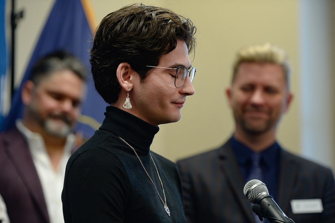 (Francisco Kjolseth  |  The Salt Lake Tribune) Conversion therapy survivor Nathan Dalley, closes his eyes as he recalls the painful memories as he speaks during a press conference hosted by Equality Utah at the Utah Capitol on Wednesday, Jan. 22, 2020, to recognize Utah becoming the 19th state in the nation to enact a ban on conversion therapy for minors.