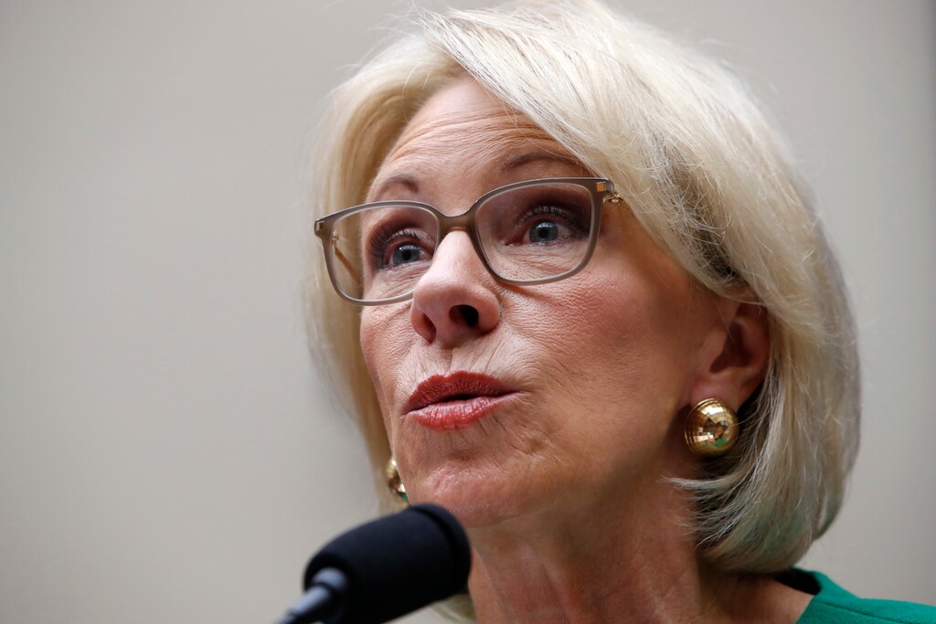 In this May 22, 2018, file photo, Education Secretary Betsy DeVos testifies at a House Committee on Education and the Workforce on Capitol Hill in Washington. (AP Photo/Jacquelyn Martin, File)