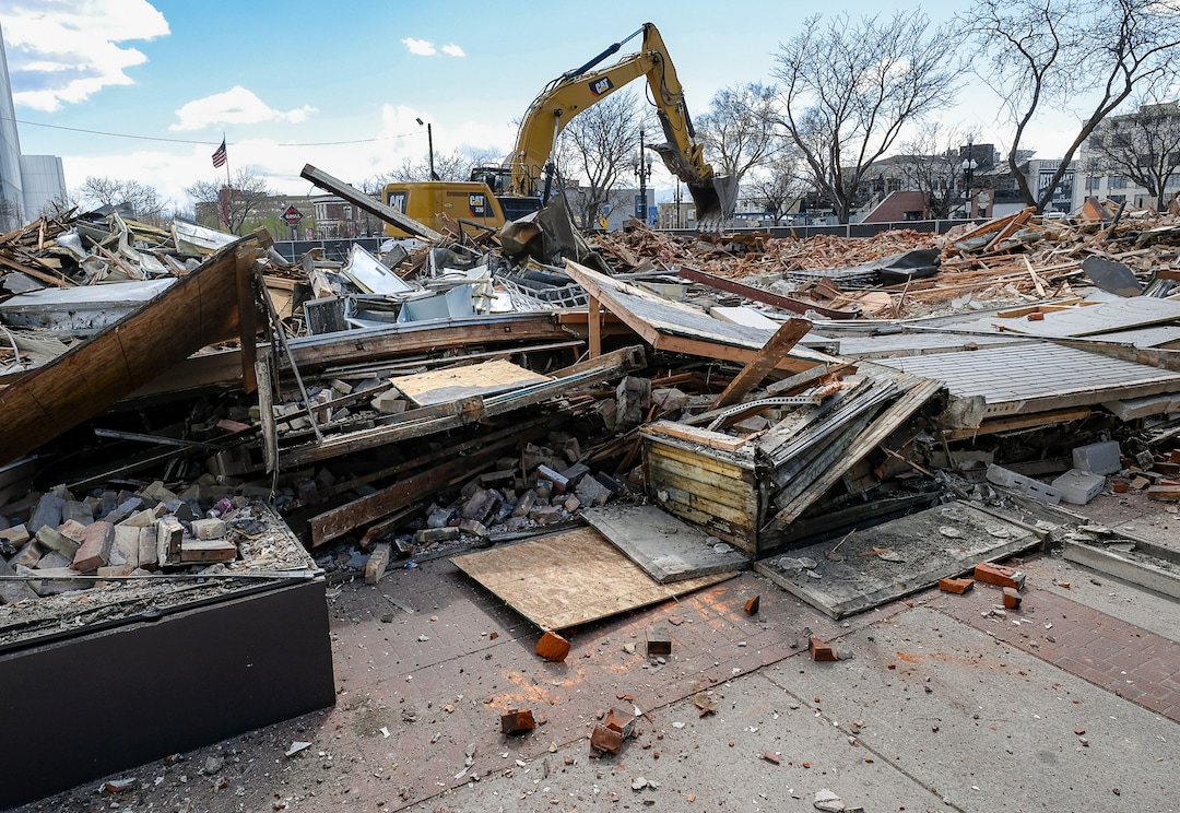 (Francisco Kjolseth  |  The Salt Lake Tribune) Crews take down the old Zephyr Club at 301 S. West Temple in Salt Lake City on Thursday, April 2, 2020. Sources say the building had substantial roof damage, unrelated to the recent earthquake, and will be replaced for now with landscaping.