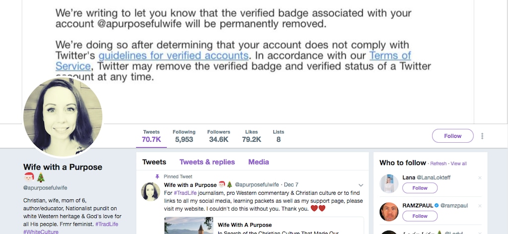 (Courtesy Twitter) A screen shot of the Twitter feed of the Utah alt-right commentator Ayla, who writes under the name "Wife With a Purpose," on Dec. 18, 2017. Twitter on Monday started suspending accounts of alt-right posters, but Ayla was not, as yet, been removed.