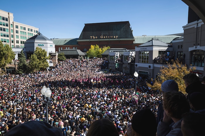 (Clark Clifford  |  Special to The Salt Lake Tribune) Thousands cram into Olympic Plaza surrounding Kanye West during his Sunday Service at The Gateway in Salt Lake City on Saturday, Oct. 5, 2019.