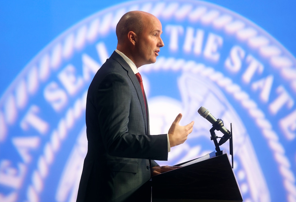 (Kristin Murphy | Pool) Gov. Spencer Cox speaks with media during the PBS Utah governor's monthly news conference at the Eccles Broadcast Center in Salt Lake City on Thursday, Nov. 18, 2021.