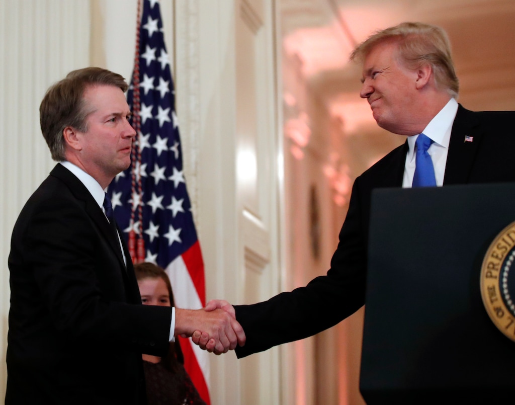 (AP Photo/Alex Brandon) President Donald Trump shakes hands with Judge Brett Kavanaugh his Supreme Court nominee, in the East Room of the White House, Monday, July 9, 2018, in Washington.