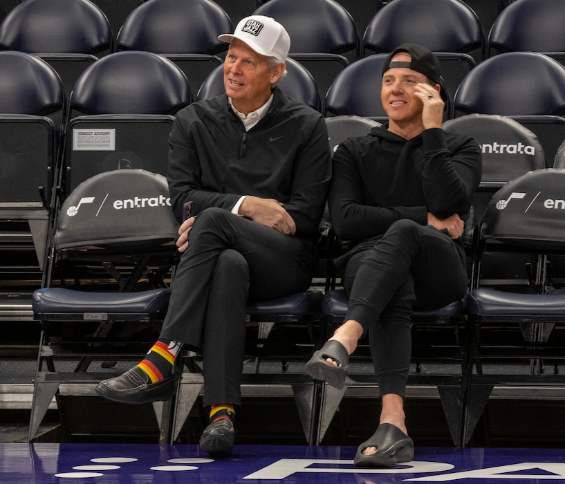 (Rick Egan | The Salt Lake Tribune)  Utah Jazz CEO Danny Ainge, Jazz owner Ryan Smith watch the Utah Jazz warm up before game action between the Utah Jazz and the Oklahoma City Thunder at the Delta Center, on Tuesday, Feb. 6, 2024.