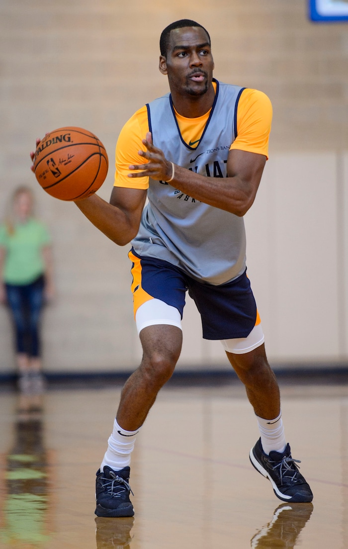 (Steve Griffin  |  The Salt Lake Tribune)    Utah Jazz guard Alec Burks looks to pass as the Jazz scrimmage in the Warrior Fitness Center on Hill Air Force Base as a part of a "Hoops for Troops" promotion Ogden Friday September 29, 2017. It's also Utah's first public scrimmage of the season, and the first look at how the new pieces of the team will work together. 