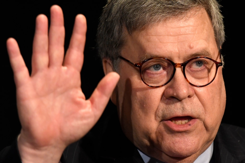 (Susan Walsh | AP) In this Feb. 10, 2020. file photo, Attorney General William Barr speaks at the National Sheriffs' Association Winter Legislative and Technology Conference in Washington. Attorney General William Barr took a public swipe Thursday at President Donald Trump, saying that the president’s tweets about Justice Department prosecutors and cases “make it impossible for me to do my job.” Barr made the comment during an interview with ABC News just days after the Justice Department overruled its own prosecutors. they had initially recommended in a court filing that President Donald Trump’s longtime ally and confidant Roger Stone be sentenced to 7 to 9 years in prison. But the next day, the Justice Department took the extraordinary step of lowering the amount of prison time it would seek for Stone.