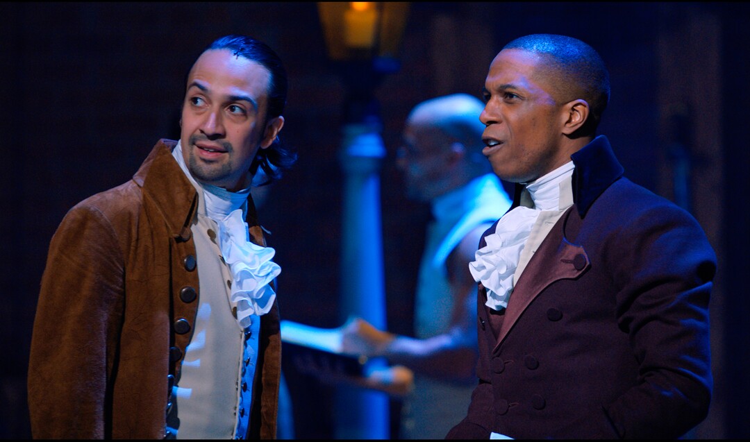 (Photo courtesy of Disney+) Lin-Manuel Miranda, left, as Alexander Hamilton, and Leslie Odom Jr. as Aaron Burr in the filmed production of "Hamilton."