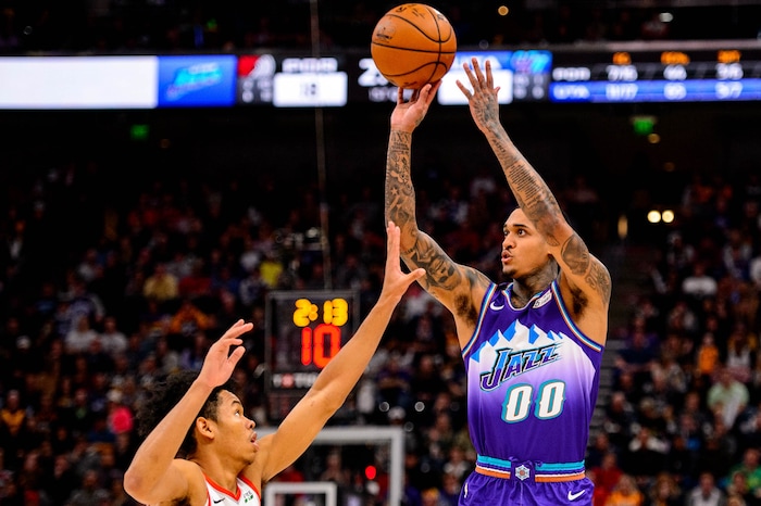 (Trent Nelson  |  The Salt Lake Tribune) Utah Jazz guard Jordan Clarkson shoots as the Utah Jazz host the Portland Trail Blazers, NBA basketball in Salt Lake City on Thursday, Dec. 26, 2019.