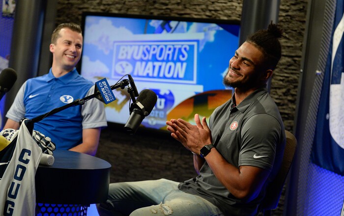 (Francisco Kjolseth  |  The Salt Lake Tribune)  Fred Warner  with the San Francisco 49ers and former BYU player is interviewed by BYU radio's Jarom Jordan during eighth-annual football media day at the BYU-Broadcasting Building on Friday, June 22, 2018.