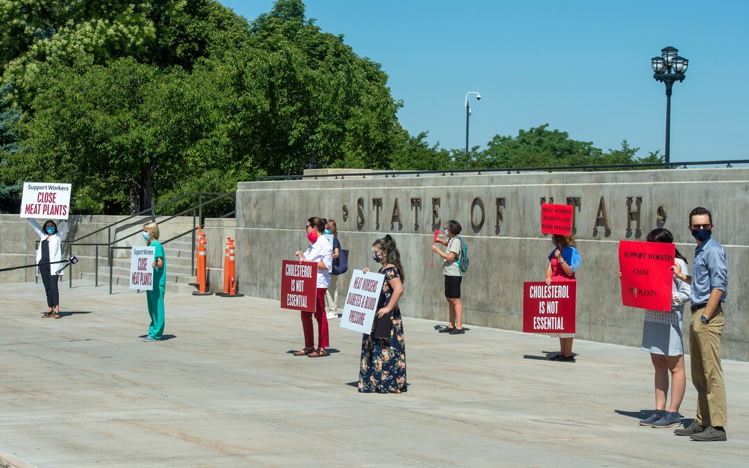 (Rick Egan  |  The Salt Lake Tribune) Protesters gather at the State Capitol, as the Physicians Committee for Responsible Medicine is asking Gov. Herbert to close meatpacking plants in the state to slow the spread of the coronavirus, Thursday, July 30, 2020.