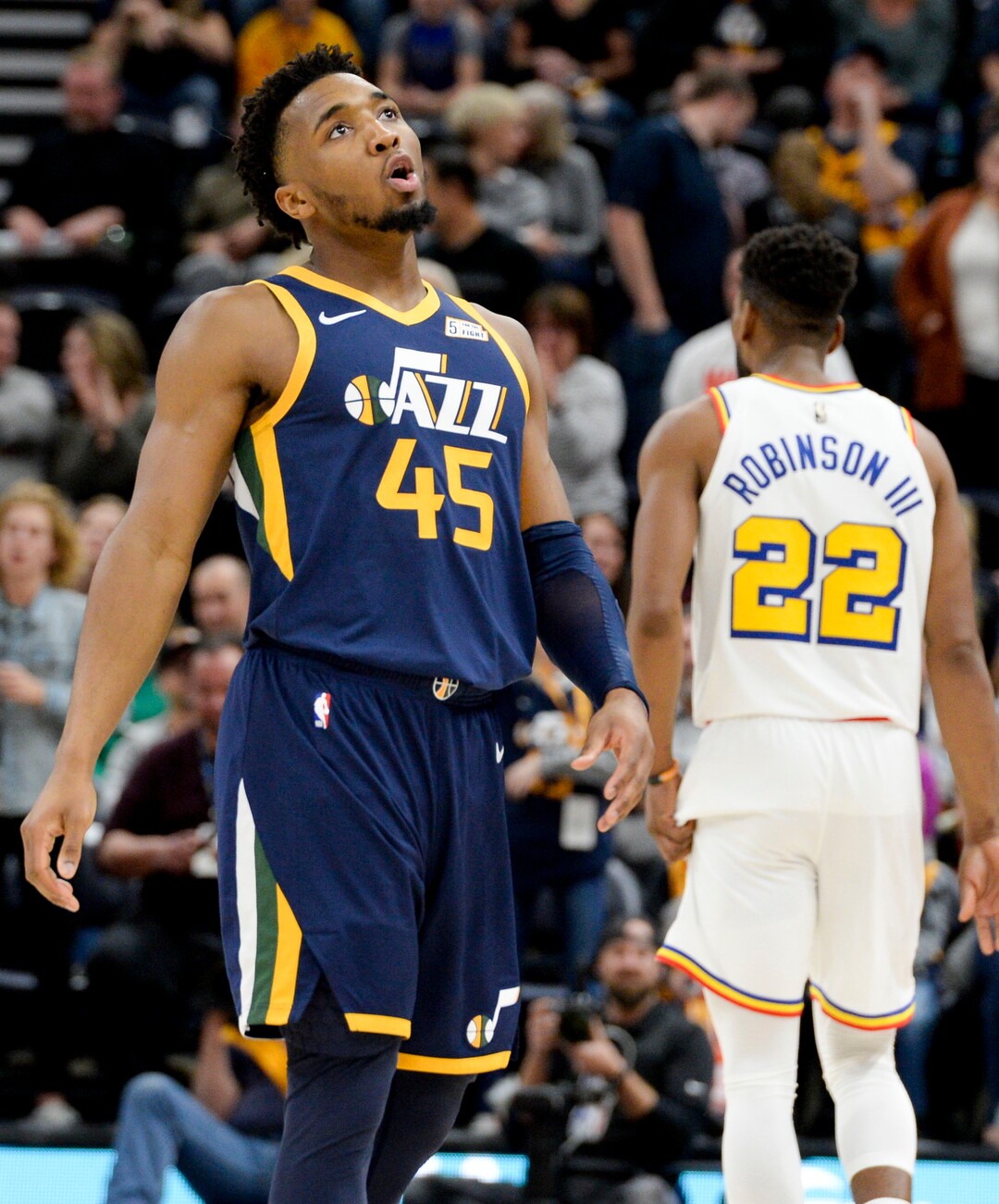 (Leah Hogsten  |  The Salt Lake Tribune) Utah Jazz guard Donovan Mitchell (45) reacts in the final seconds as the Utah Jazz defeated the Golden State Warriors, 114-106, Dec. 13, 2019 at Vivint Arena.
