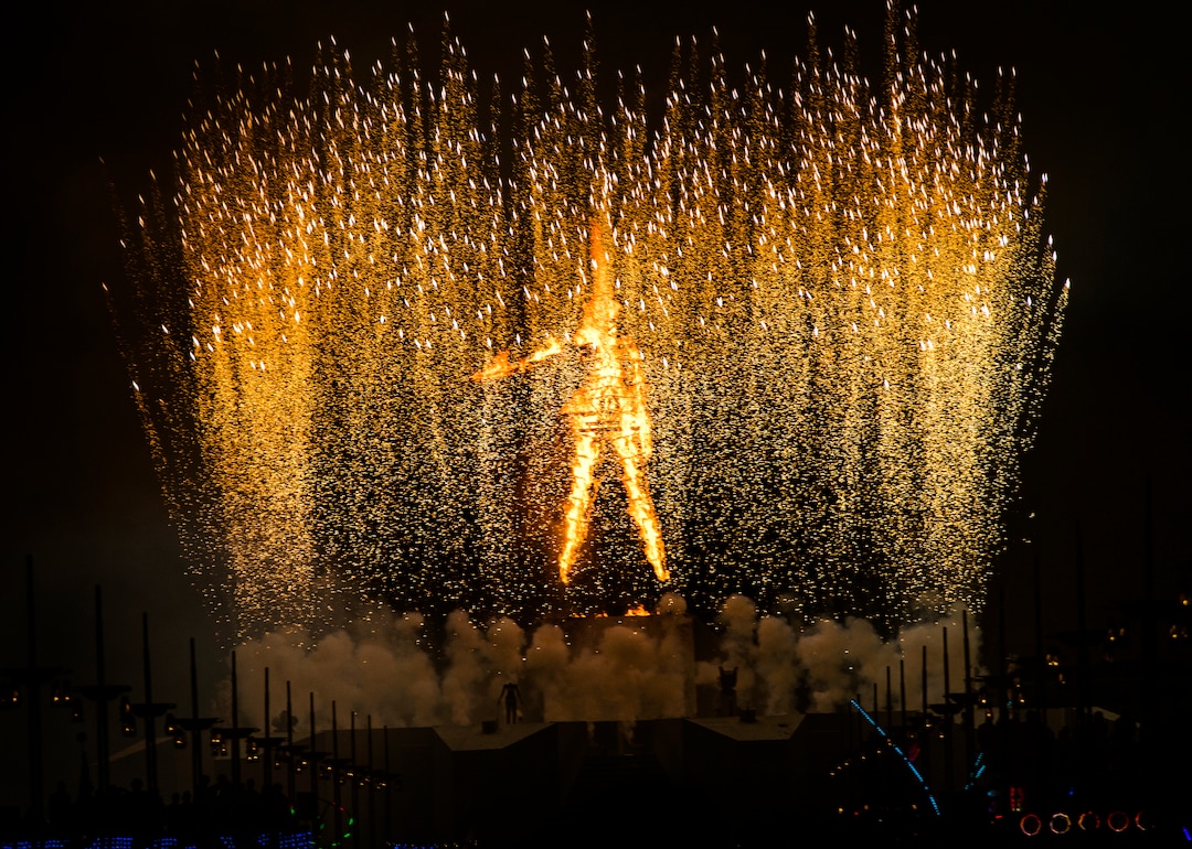 (Rick Egan  |  The Salt Lake Tribune)   Fireworks explode around the man, at the the start of the burn, during Burning Man,during Burning Man, a week long celebration of art and radical self expression, in the Black Rock Desert in Nevada, Saturday, Sept. 1, 2018.