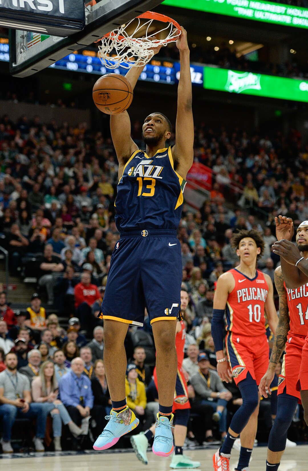 (Francisco Kjolseth  |  The Salt Lake Tribune)  Utah Jazz center Tony Bradley (13) sinks one as the Utah Jazz host the New Orleans Pelicans in their NBA basketball game at Vivint Smart Home Arena in Salt Lake City on Sat. Nov. 23, 2019.