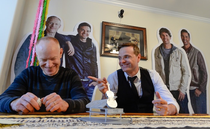 (Francisco Kjolseth | The Salt Lake Tribune) Pianist Jon Schmidt, left, and cellist Steven Sharp Nelson, two of the four that make up the American musical group The Piano Guys, joke around with one another while talking about how they first met during a visit to their home studio in Sandy recently.
