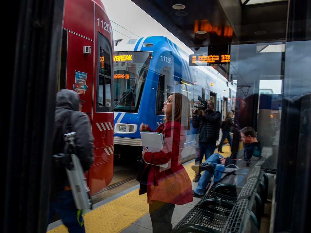 (Leah Hogsten  |  The Salt Lake Tribune) Salt Lake County mayor Jenny Wilson walked from her home to the U of U Medical Center TRAX train station to ride the train to work on Monday, Oct. 21, 2019. From October 21 through October 25, the mayor rode UTA buses, trains,and even hop on a GREENbike as her only modes of transporation for work and personal life. 