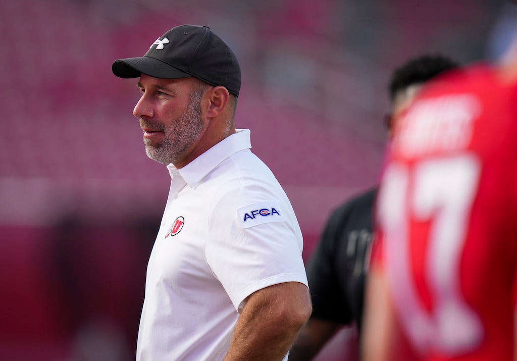 (Bethany Baker  |  The Salt Lake Tribune) Utah Utes head coach Morgan Scalley watches during warms up before the game between the Utah Utes and the Idaho Vandals at Rice-Eccles Stadium in Salt Lake City on Thursday, Sept. 3, 2026.