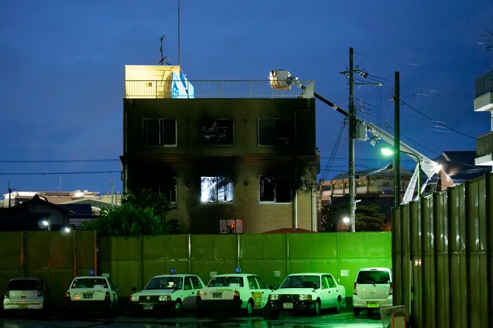 (Hiromi Tanoue | AP Photo) The building of Kyoto Animation is seen following a fire in Kyoto, western Japan, Thursday, July 18, 2019. The fire broke out in the three-story building in Japan's ancient capital of Kyoto, after a suspect sprayed an unidentified liquid to accelerate the blaze, Kyoto prefectural police and fire department officials said.
