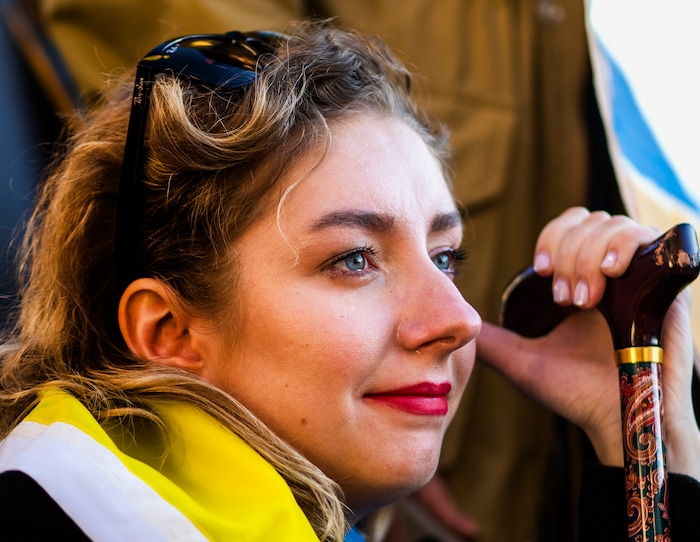 (Rick Egan | The Salt Lake Tribune) Vlada Yaremenko, from Ukraine, joins hundreds of protesters gather at the Utah Capitol for a rally in support of Ukraine, on Monday, Feb. 28, 2022.