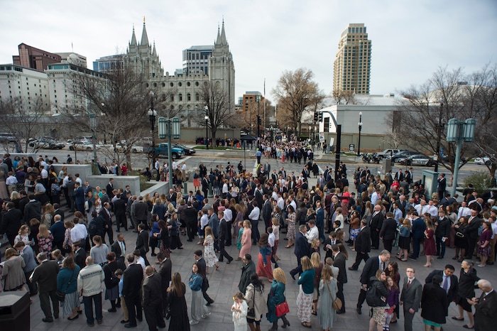 (Rick Egan  |  The Salt Lake Tribune)         LDS faithful wait in line to enter the Conference Center, for the Saturday morning session of the188th Annual General Conference in Salt Lake City,  Saturday, March 31, 2018.