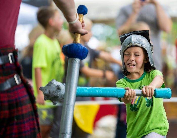 (Rick Egan | The Salt Lake Tribune) Maggie Peterson, 7, from Salem, spars in the featherweight competition, at the Payson Scottish Festival, on Saturday, July 9, 2022.
