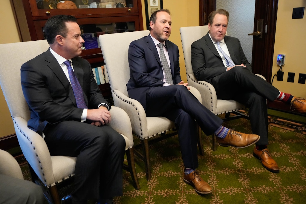 (Francisco Kjolseth | The Salt Lake Tribune)  Rep. Mike Schultz, R-Hooper, center, is announced as new House majority leader along with Jefferson Moss, R-Saratoga Springs, at right, as new House majority whip, by House Speaker Brad Wilson, R-Kaysville, left, at the Capitol on Tuesday, Nov. 9, 2021.