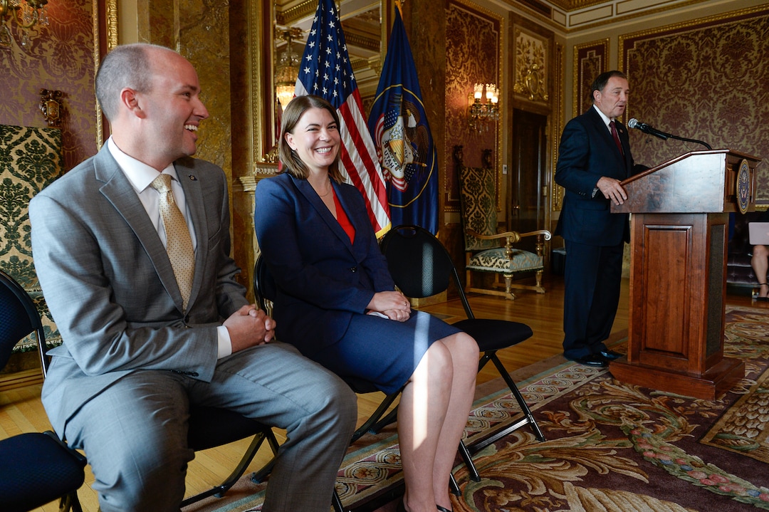 (Francisco Kjolseth  |  The Salt Lake Tribune)  Third District Judge Paige Petersen is appointed by Gov. Gary Herbert to the Utah Supreme Court during an announcement in the Gold Room of the Utah Capitol on Tuesday, Nov. 31, 2017 alongside Lt. Gov. Spencer Cox, at left. If confirmed by the state senate, Petersen will take the place of Christine Durham, who is the only female justice on the Utah Supreme Court.
