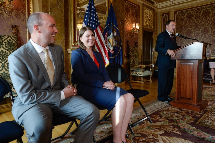(Francisco Kjolseth  |  The Salt Lake Tribune)  Third District Judge Paige Petersen is appointed by Gov. Gary Herbert to the Utah Supreme Court during an announcement in the Gold Room of the Utah Capitol on Tuesday, Nov. 31, 2017 alongside Lt. Gov. Spencer Cox, at left. If confirmed by the state senate, Petersen will take the place of Christine Durham, who is the only female justice on the Utah Supreme Court.

